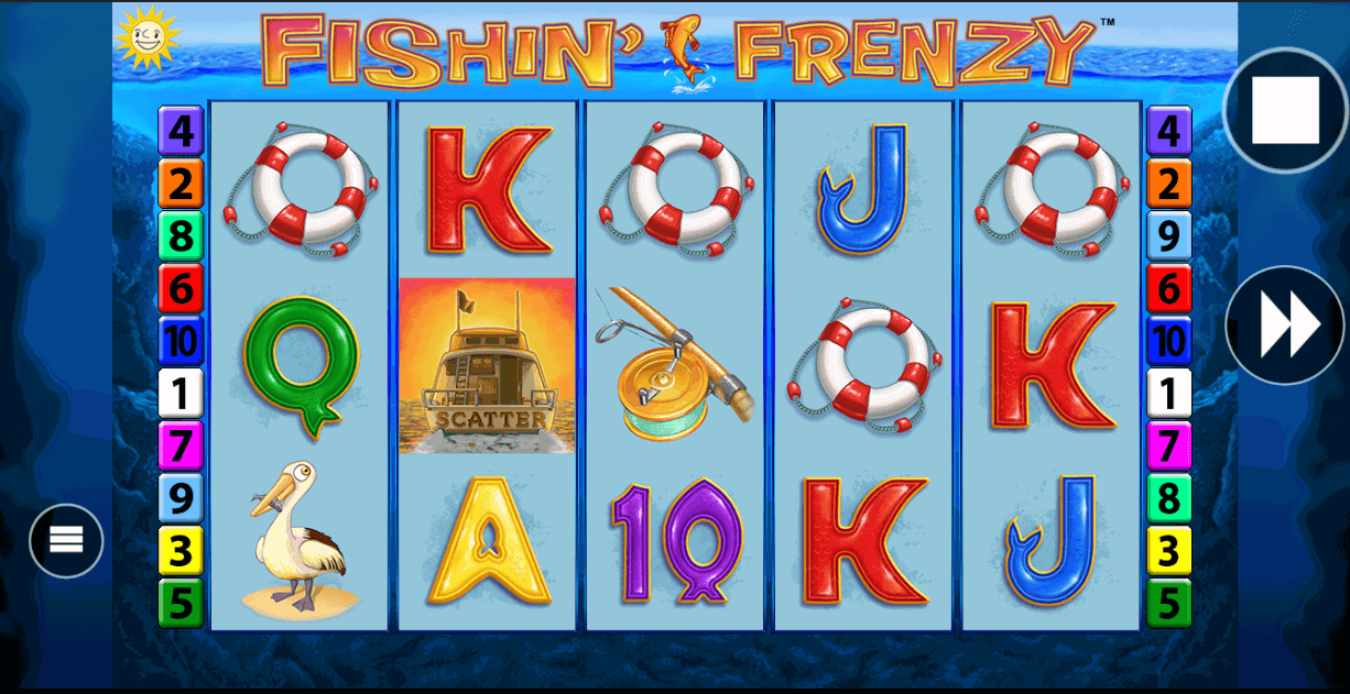 Fishin' Frenzy free games bonus screen showing the fisherman wild among fish carrying cash values under sunlit blue water